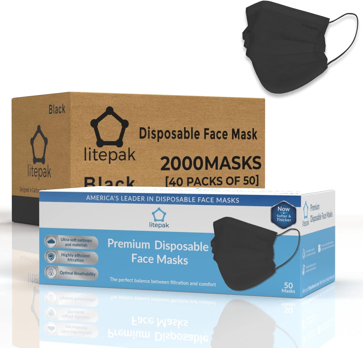Litepak 2000pcs 3-Ply Black Disposable Face Masks Adult Size