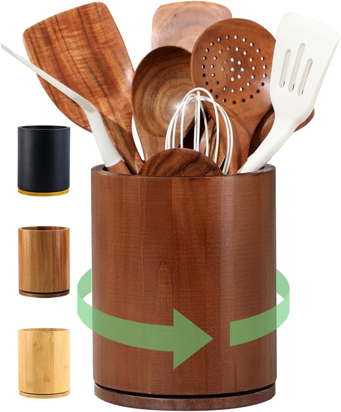 Acacia Wood Utensil Holder, 360° Rotating 7.3 in Kitchen Organizer | Rustic farmhouse countertop decor. Rotating base for easy access to spatulas, spoons, and cooking utensils. 7.3-inch capacity
