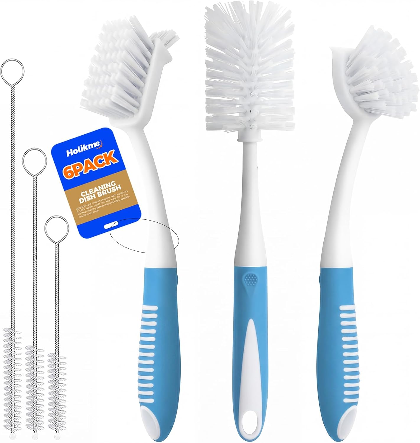 Holikme 6 Pack Dish Brush Set with Bottle Brush, Dish Scrub Brush,Gray | Pan Brush and 3 Straw Brushes, Deep Cleaning Handle Brush with Scraper Tip for Kitchen Sink Dishes Bottle Cup Pot and Pans