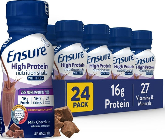 Ensure High Protein Bottled Milk Chocolate Nutrition Shake with Fiber, Ready to Drink, 16g Protein and 27 Vitamins and Minerals, 8 fl oz, 24 Pack