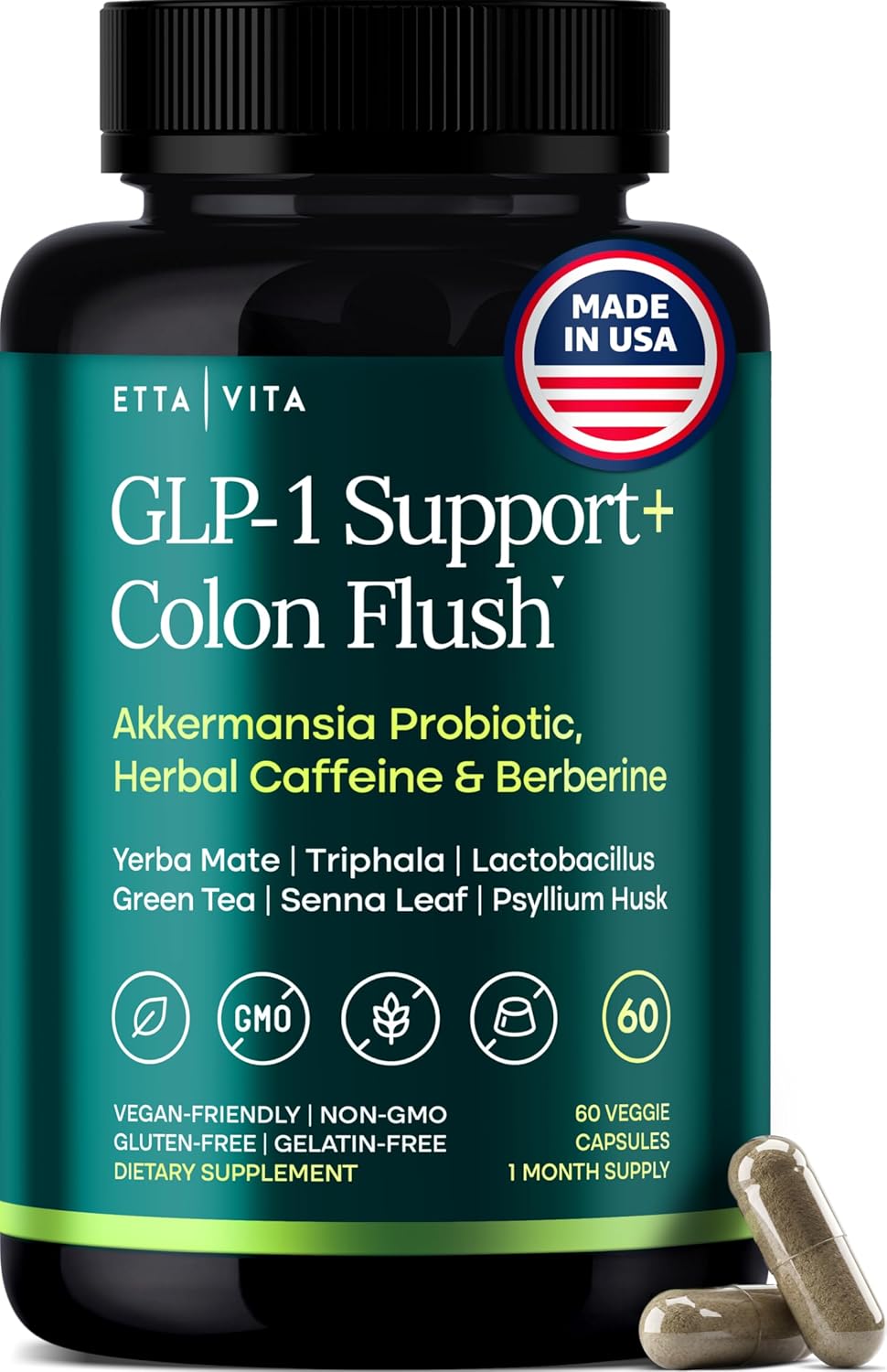 GLP-1 Support + Colon Cleanse – Weight Loss, Gut Health & Energy – Appetite Suppressant & Fat Burner – Berberine, Akkermansia Probiotic, Yerba Mate, Psyllium Husk, Senna Leaf – Women & Men, 60capsules