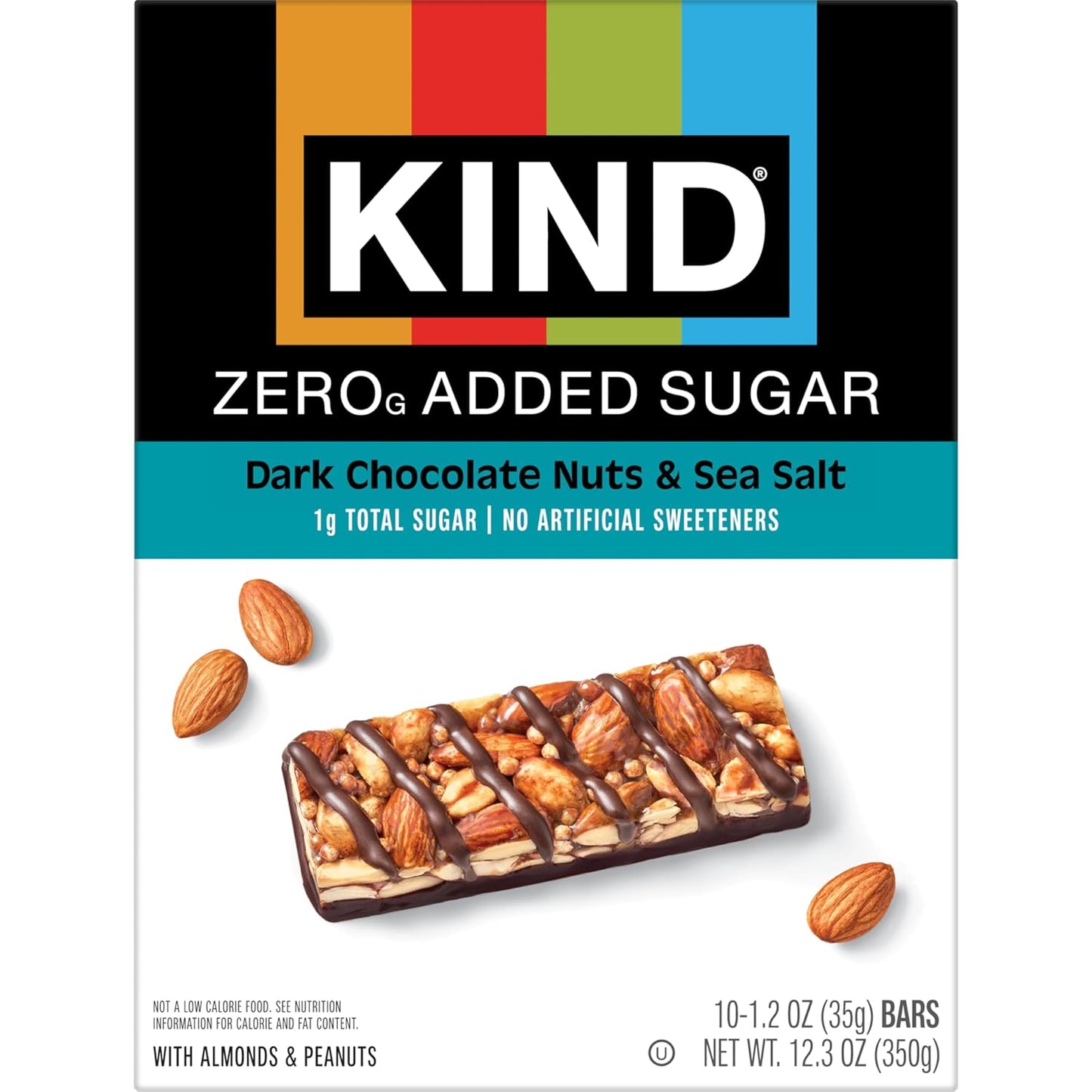 Kind Zero Added Sugar Bars, Dark Chocolate Nuts & Sea Salt, Gluten Free, High Fiber, 10 Count