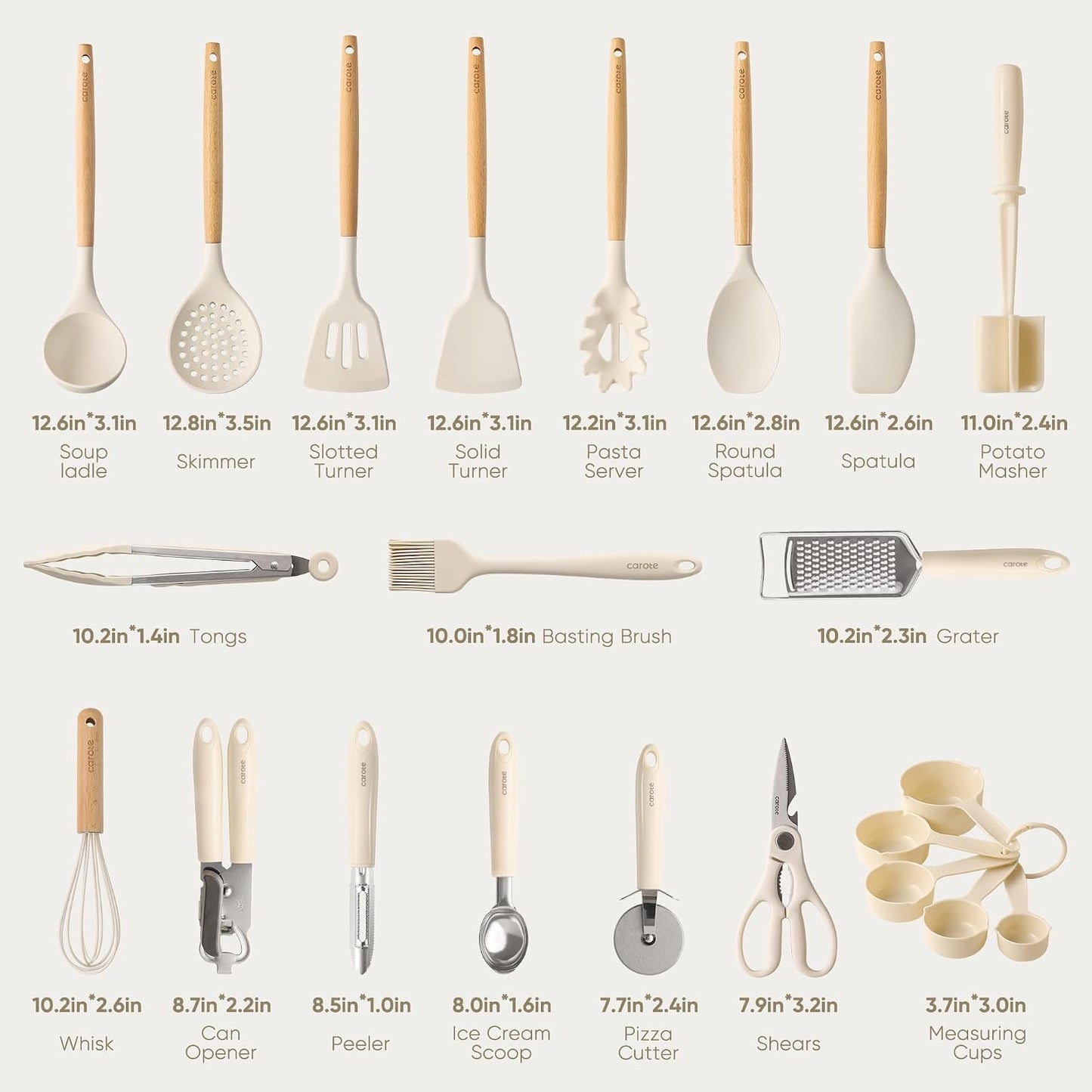 CAROTE 22-Piece Cooking Utensils Set with Wood Cool-Touch Handles, Cream | Silicone Kitchen Utensil, Food Grade, Nonstick Cookware Friendly, BPA-Free, Heat-Resistant, Everyday Home Essentials, Gifts