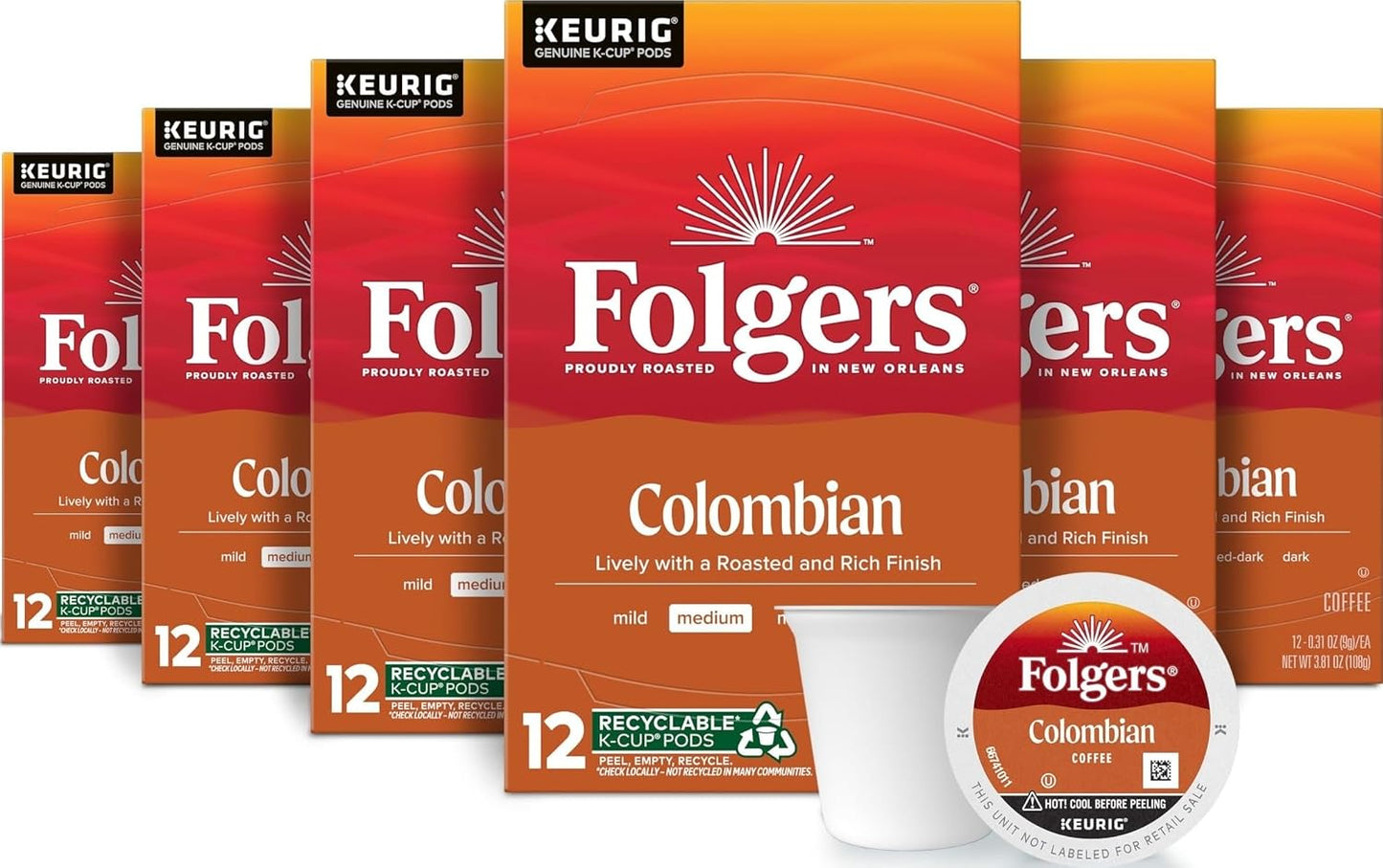 Folgers Classic Roast Medium Roast Coffee Keurig K-Cup Pods 12 Count Boxes Pack of 6