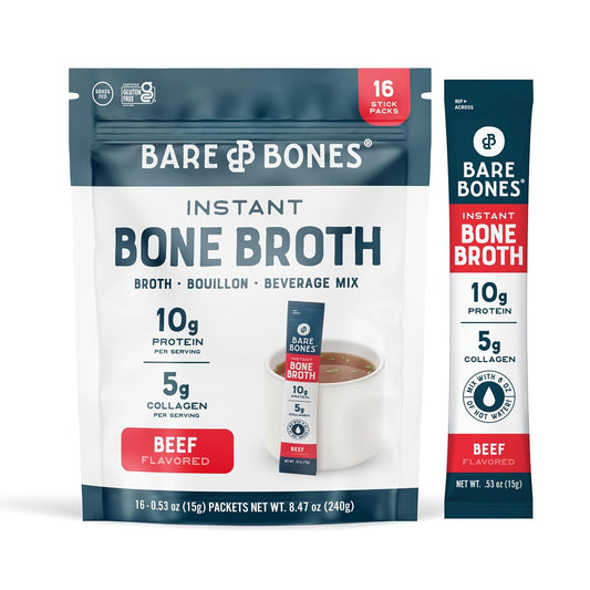Bare Bones Beef Bone Broth Instant Powdered Mix Packets | 5g Collagen | 10g Protein | Keto & Paleo Friendly