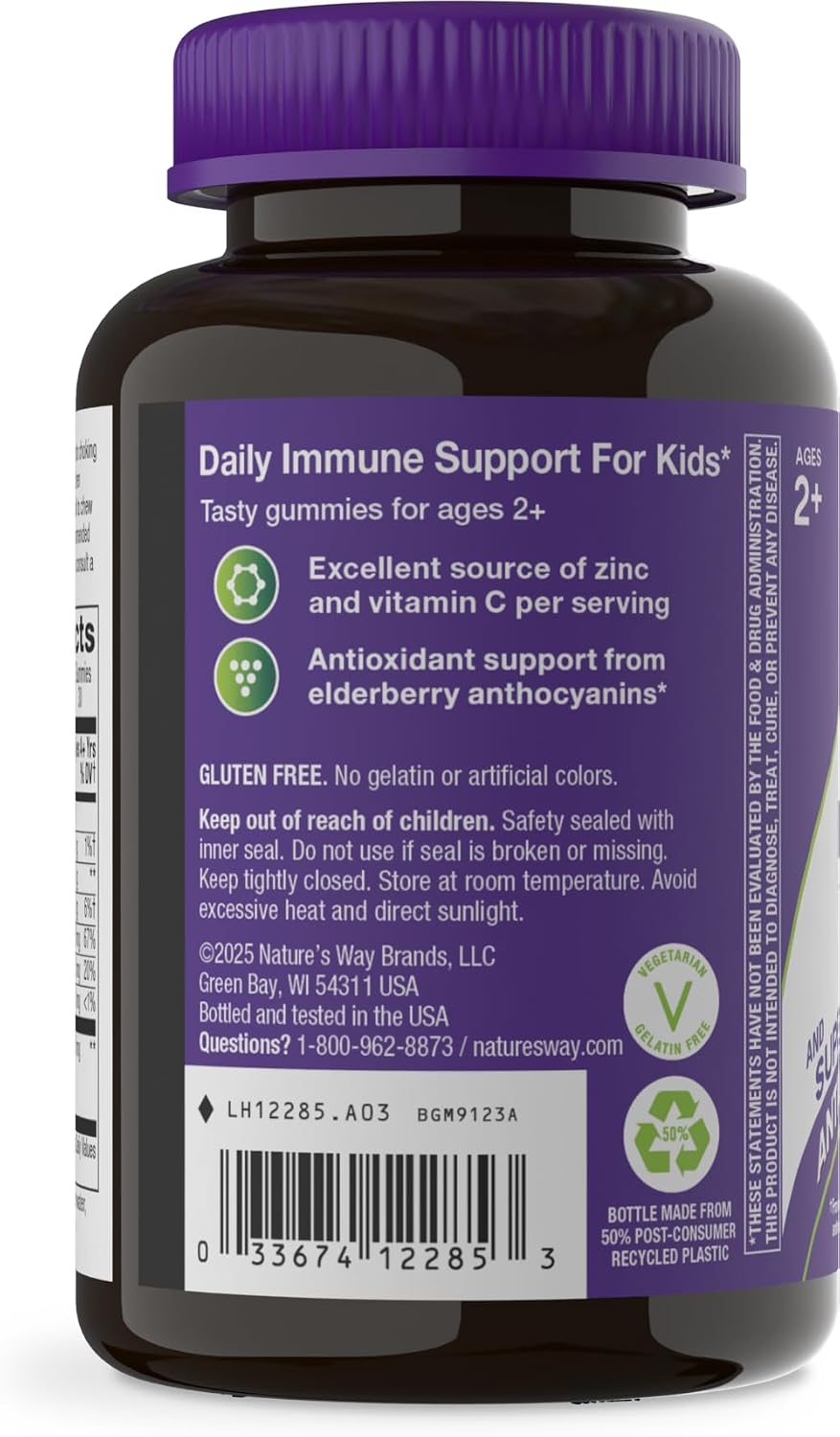 Nature's Way Sambucus Kids Elderberry Immune Gummies with Black Elderberry Extract, Daily Immune Support Gummy with Vitamin C and Zinc for Children Ages 2+*, 60 Gummies