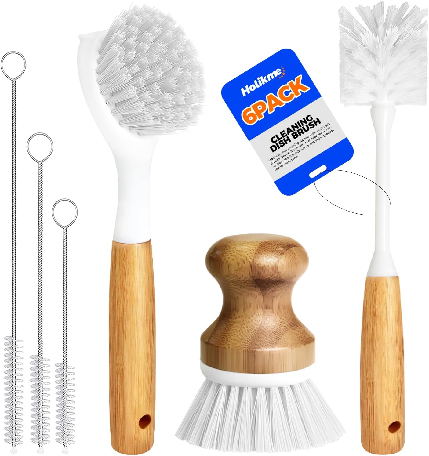 Holikme 6 Pack Dish Brush with Bottle Brush Scrub Brush Straw,Yellow | Dish Brush, Palm Scrub Brush and Straw Brush, Dish Scrubber Long Handle for Dish Bottle Cup Skillet Wok Pot Pan Cast Iron