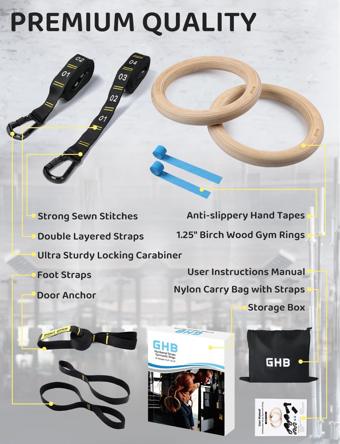 GHB 1.25" Olympic Rings Wooden Gymnastic Rings - Adjustable Straps, Workout Rings for Bodyweight Fitness
