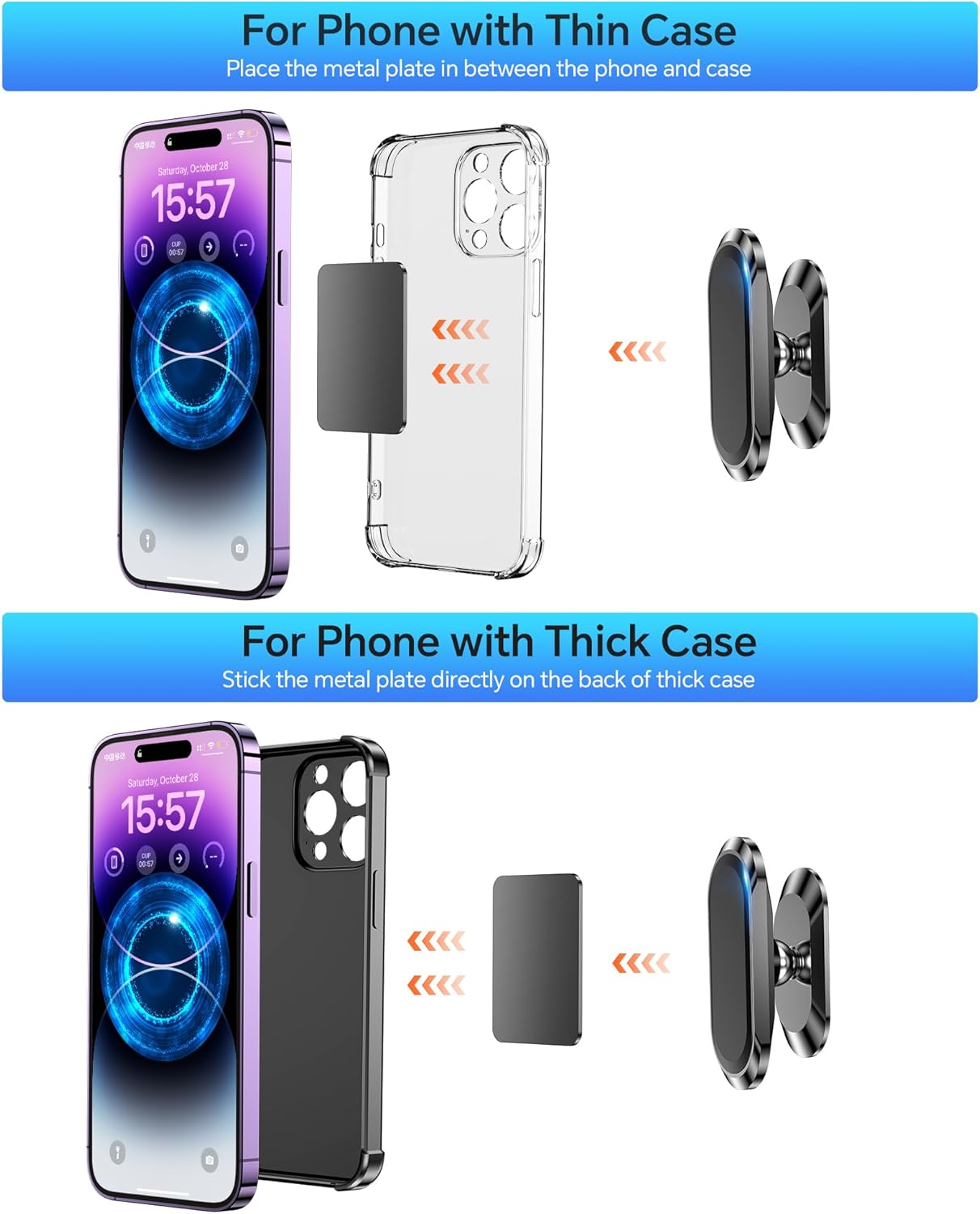 2-Pack Magnetic Phone Holder for Car Dash Strong Magnet Magnetic Car Phone Holder Mount 4 Plate Phone Holders for Your Car Phone Mount for Car Dashboard Cell Phone Car Mount for iPhone Samsung