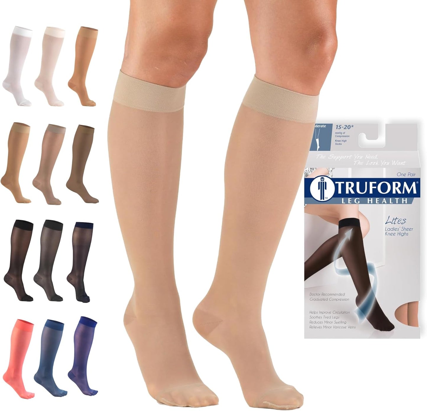 Truform 15-20 mmHg Women's Knee High Compression Stockings, 20 Denier, Nude, Medium