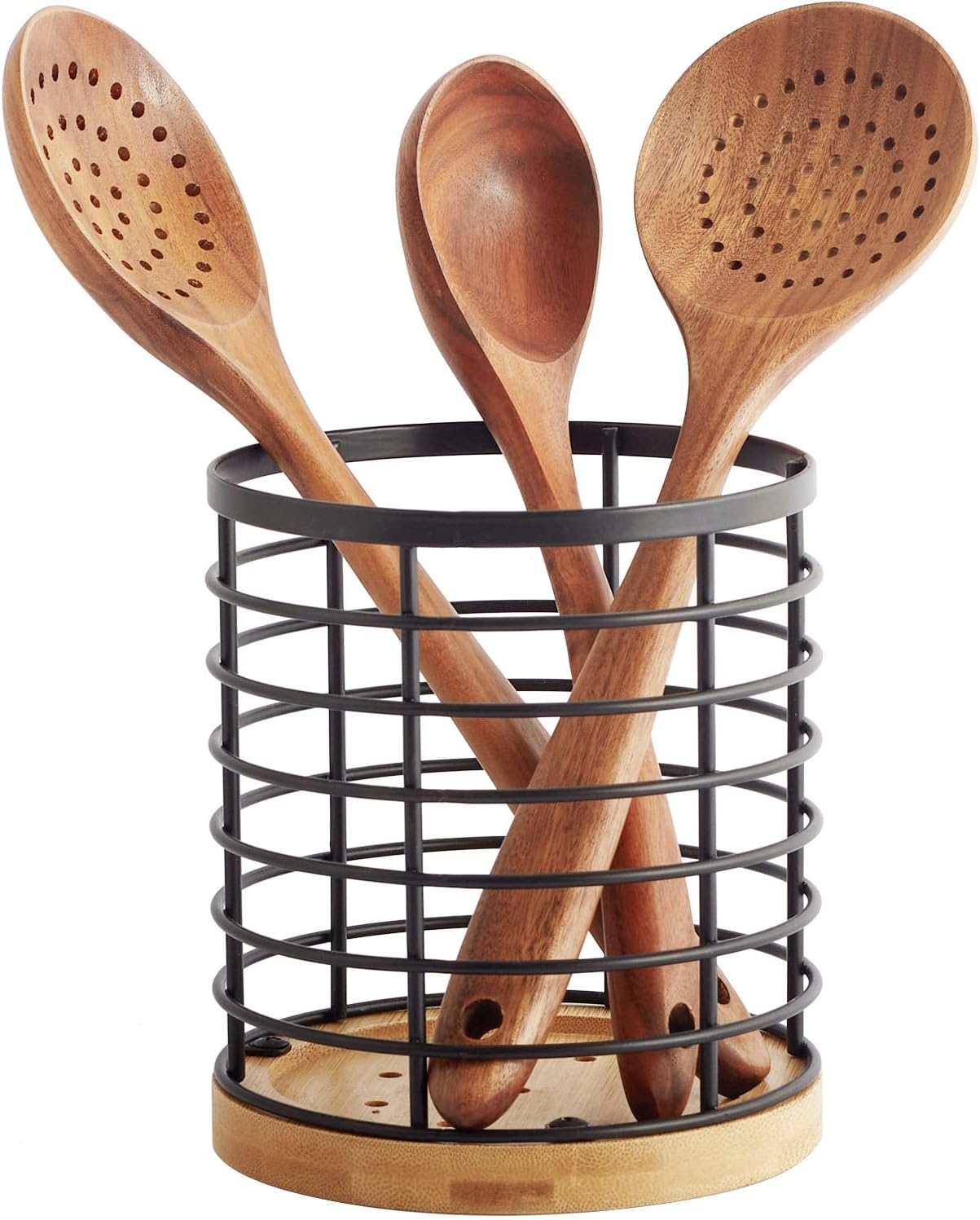 WDT Tool Utensil holder for Kitchen Counter - 5.2" x 5.2" x 6" Large Round with Wooden Base Matte Black Cooking Utensil Holder Utensil Organizer (Metal+Bamboo)