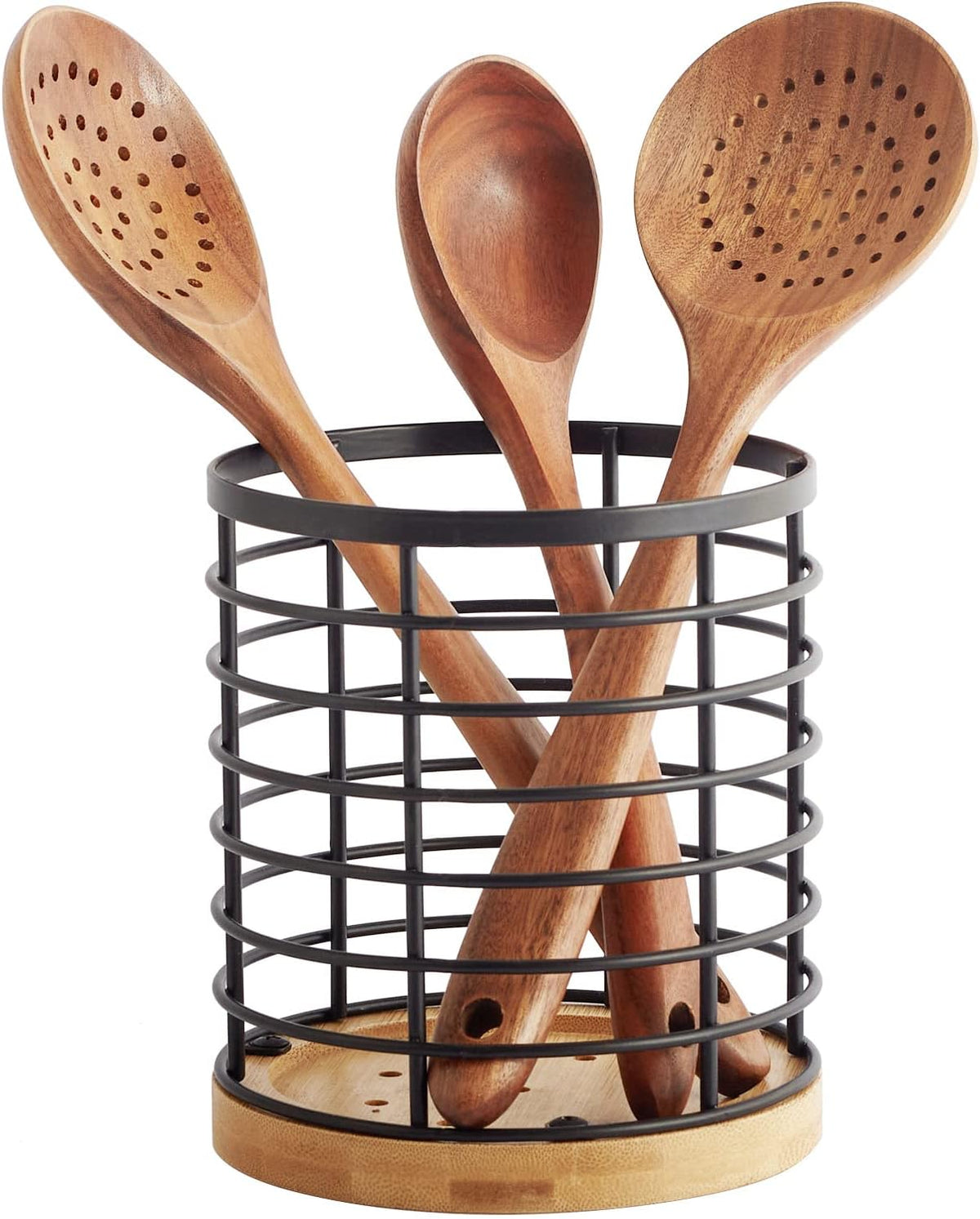 WDT Tool Utensil holder for Kitchen Counter - 5.2" x 5.2" x 6" Large Round with Wooden Base Matte Black Cooking Utensil Holder Utensil Organizer (Metal+Bamboo)