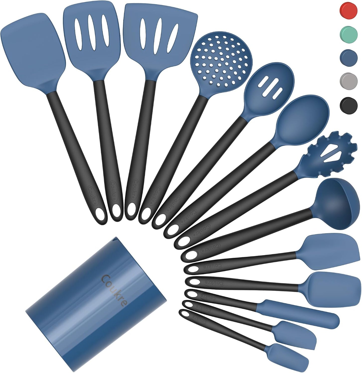 Coukre Silicone Kitchen Cooking Utensils Set, Heat Resistant, 14-Piece | Dishwasher-Safe, Food-Grade Silicone, BPA-Free, Spatulas, Spoons & Turner, Safe for Nonstick Cookware, Pure Black