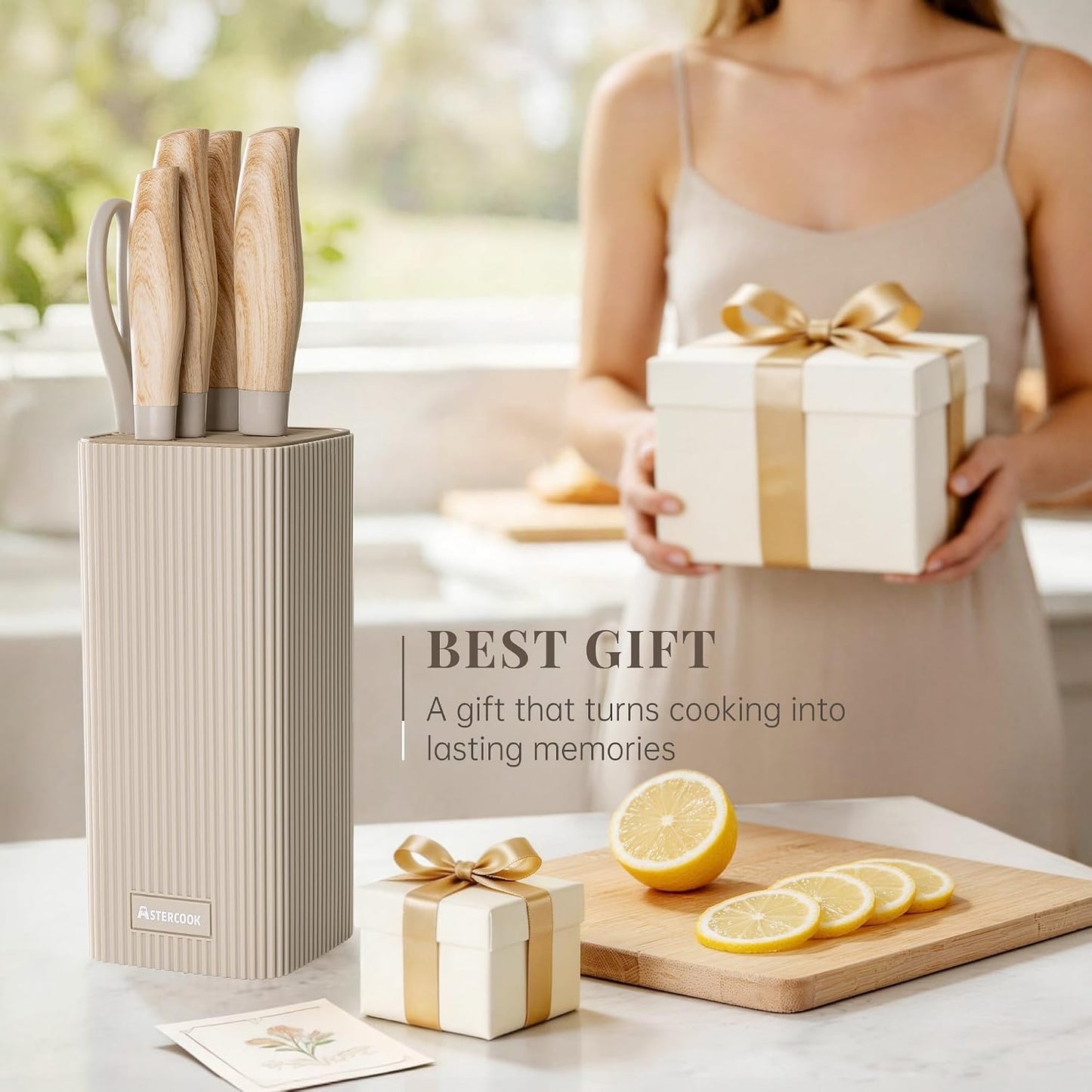 Astercook Knife Set, 6-Piece Kitchen Knife Set with Block, High Carbon Stainless Steel Ultra Sharp Kitchen Knives, Wood Grain Handle, Dishwasher Safe Knife Block Set, Khaki, Kitchen Utility Knives