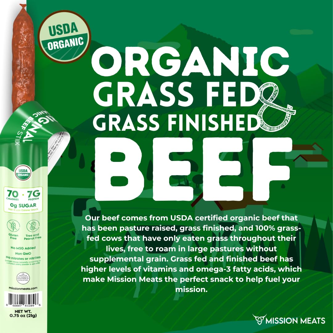 Organic Beef Sticks - Grass Fed, Zero Sugar, Non-GMO, Individually Wrapped Meat Snacks