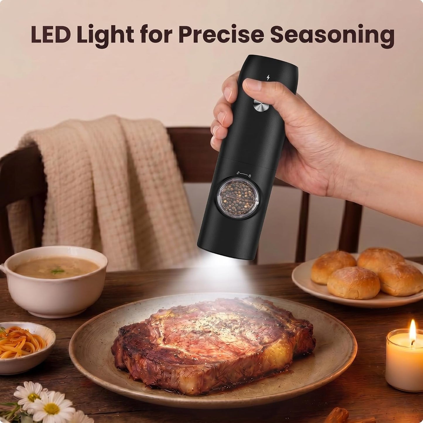 Electric Salt and Pepper Grinder Set, Rechargeable Automatic Salt and Pepper Shakers, Adjustable Coarseness Pepper Grinder with Led, Kitchen Appliances Gifts for Mom(Blackwhite)