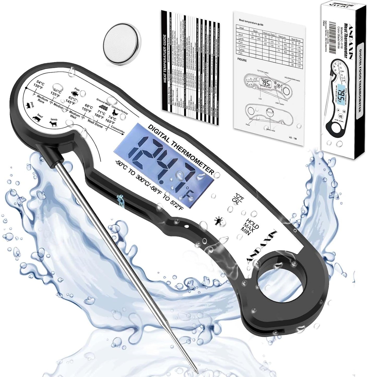 Meat Thermometer Digital for Grilling and Cooking - ANDAXIN Waterproof Ultra-Fast Instant Read Food thermometers with Backlight & Calibration for Kitchen, Deep Fry, BBQ, Grill(Red/Black), LCD