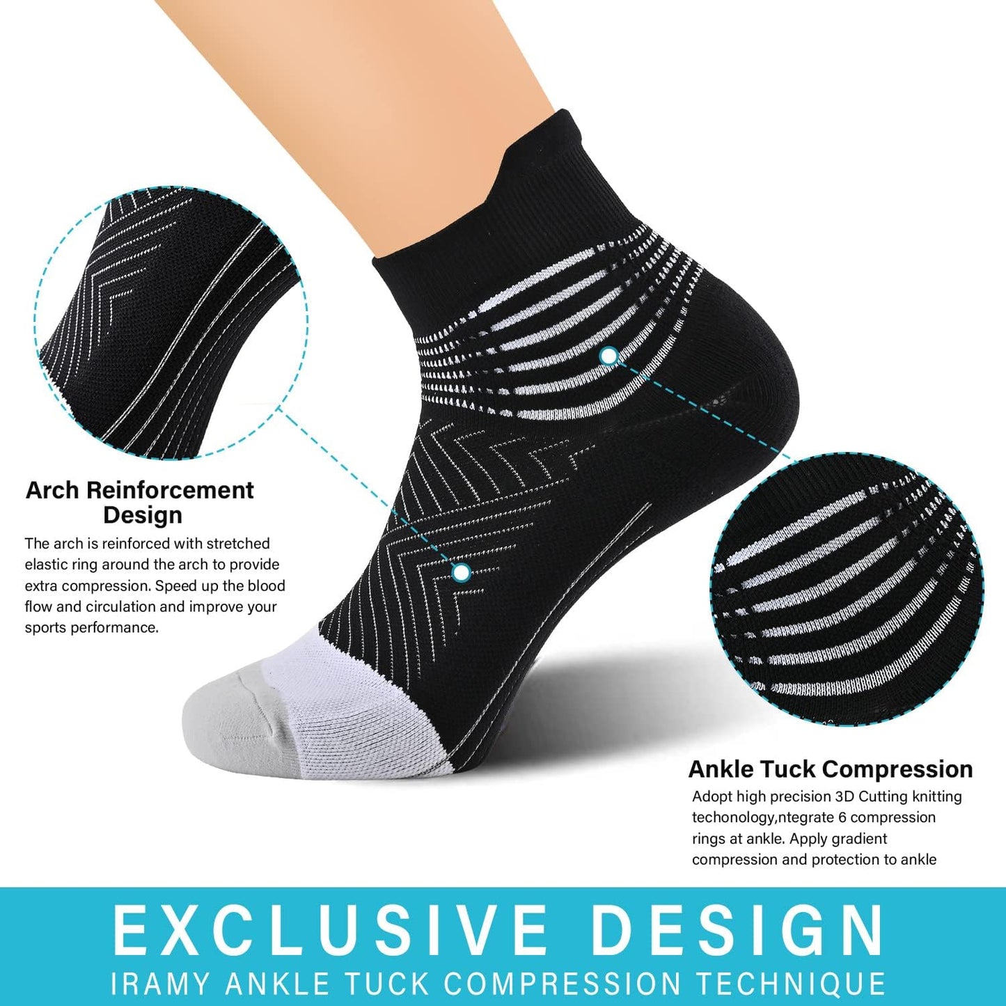IRAMY Compression Ankle Support Socks Women - Wicking, Cushioned Athletic, Plantar Fasciitis Relief