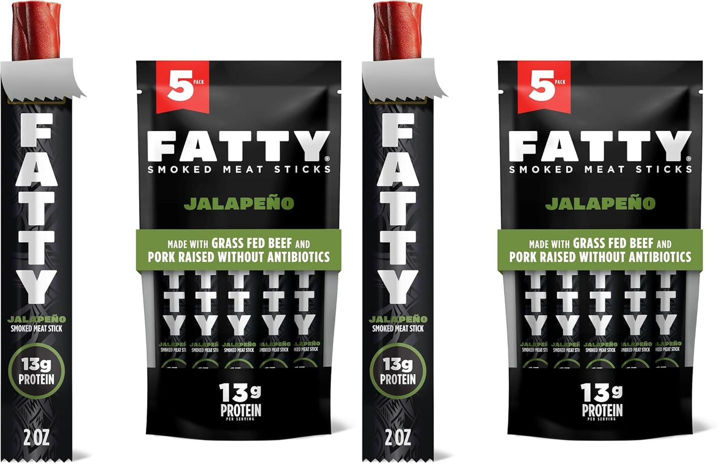 Grass Fed Beef and Pork Meat Sticks, 13g Protein Per Stick, Jalapeno, 2 oz. (Pack of 5)