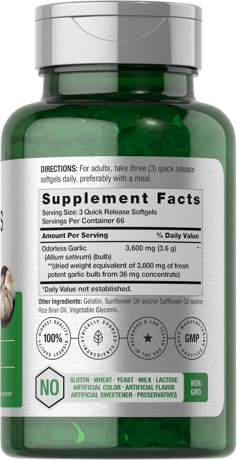 Horbäach Odorless Garlic Softgel Supplement | 200 Pills | Ultra Potent Concentrated Herbal Extract | Non-GMO & Gluten Free