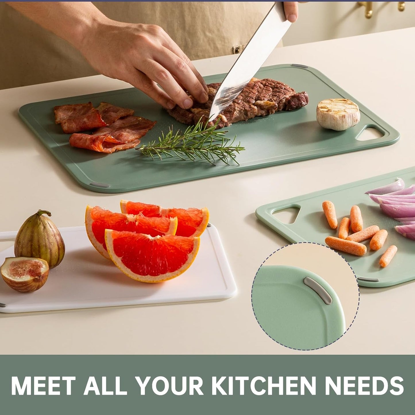 THETCHRY Plastic Cutting Board Set of 3-Cutting Boards for Kitchen BPA Free | Large-Small Chopping Boards, Non-Slip for Cooking, Dishwasher Safe, Camping, Portable, with Grip Handle, Sage Green