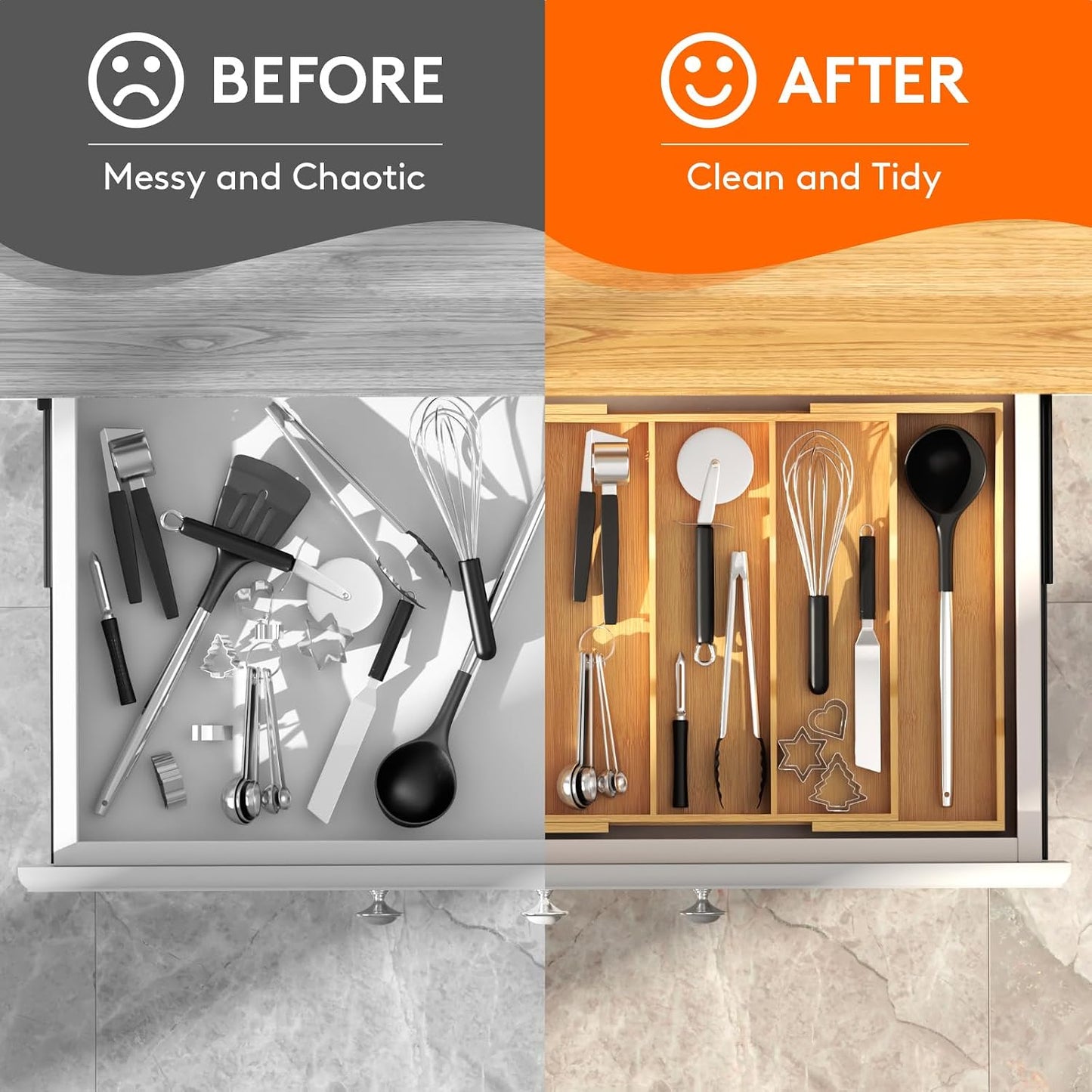 Lifewit Utensil Organizer for Kitchen Drawer, Expandable Cooking Utensil Tray, Cutlery Silverware Flatware Holder, Wood Adjustable Spatula Tools Storage Divider, 12.6-22.8x14/ 32-58x35.6cm, Natural