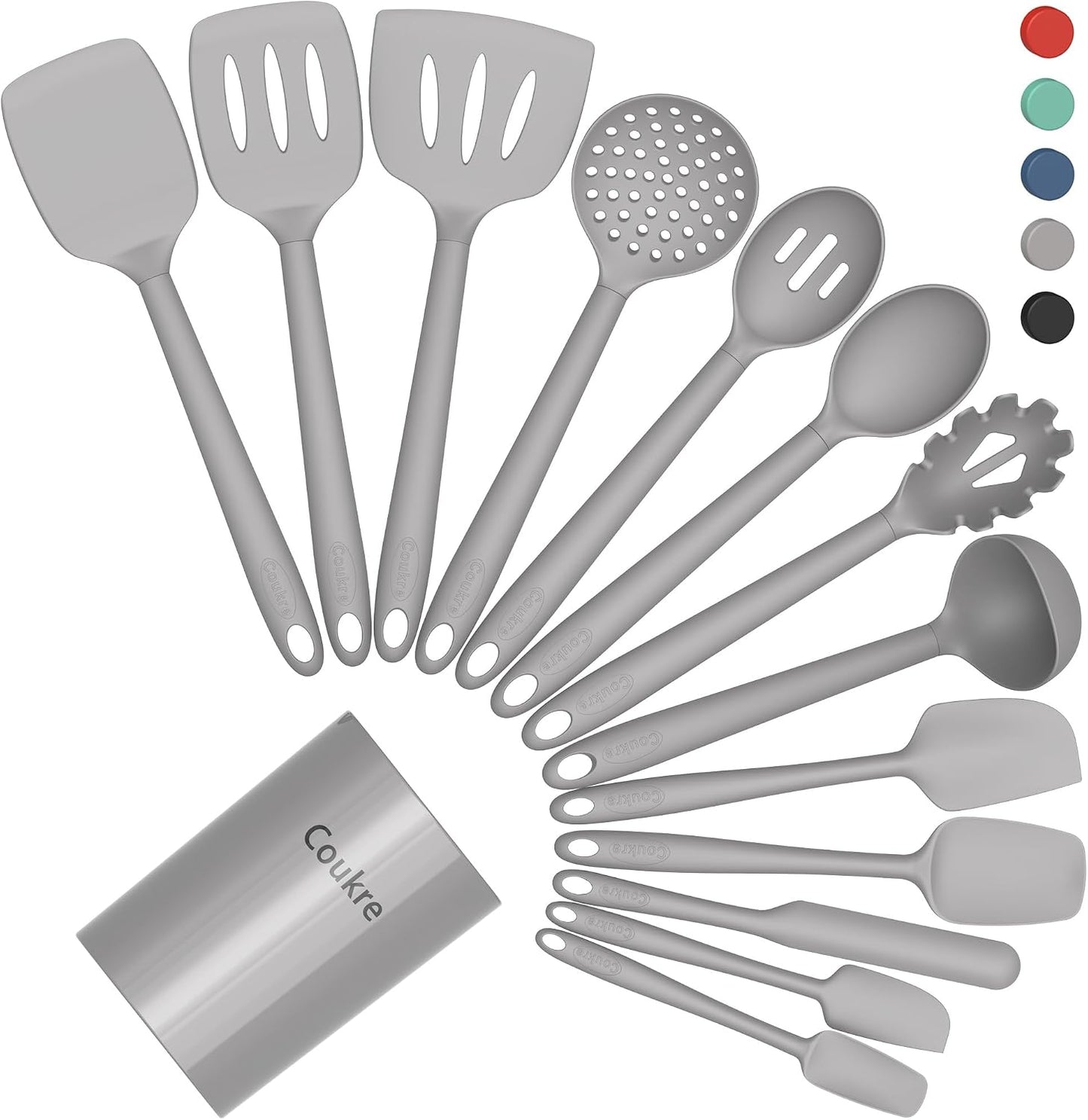 Coukre Silicone Kitchen Cooking Utensils Set, Heat Resistant, 14-Piece | Dishwasher-Safe, Food-Grade Silicone, BPA-Free, Spatulas, Spoons & Turner, Safe for Nonstick Cookware, Pure Black