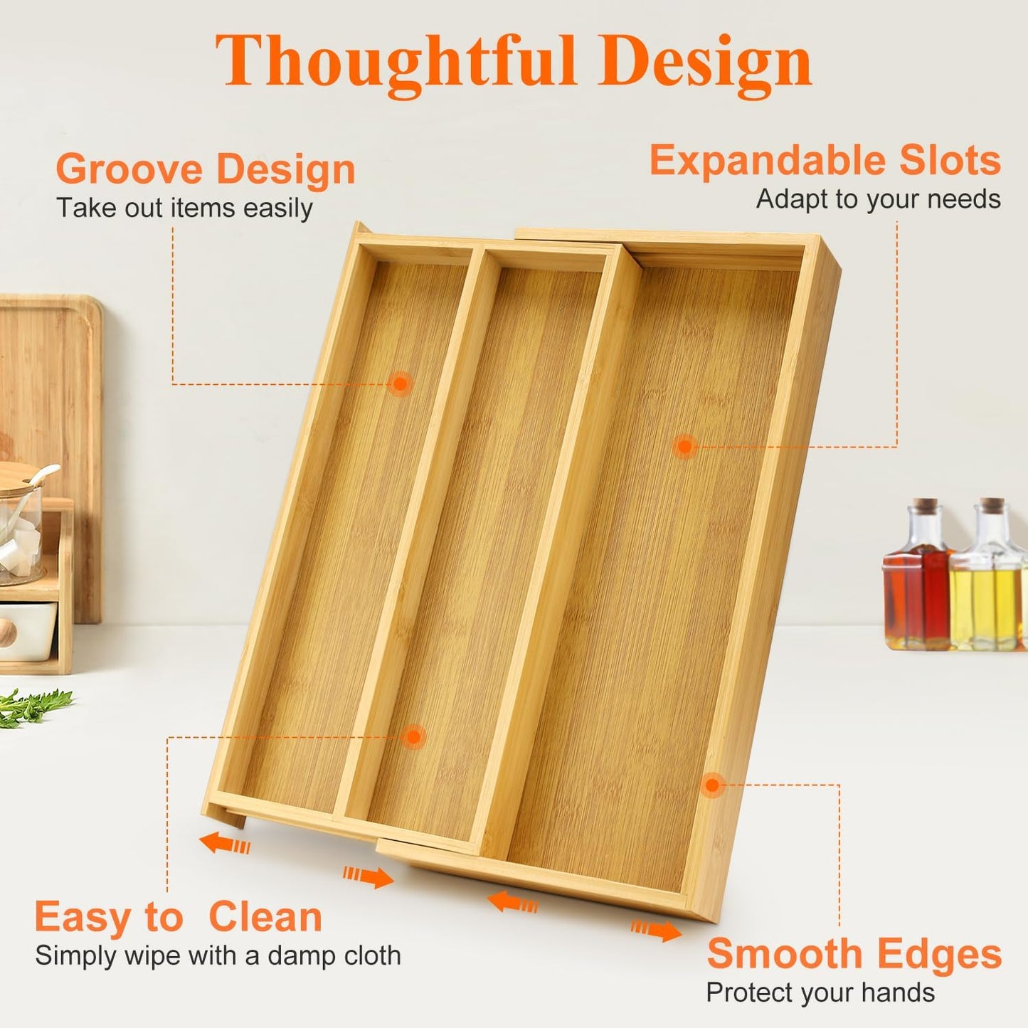 Large Bamboo Kitchen Utensil Drawer Organizer Expandable Silverware Tray | Big Cooking Utensil Drawer Divider Spoon Flatware Organizer Storage Adjustable Wooden Cutlery Holder Tool Knife Spatula Tray
