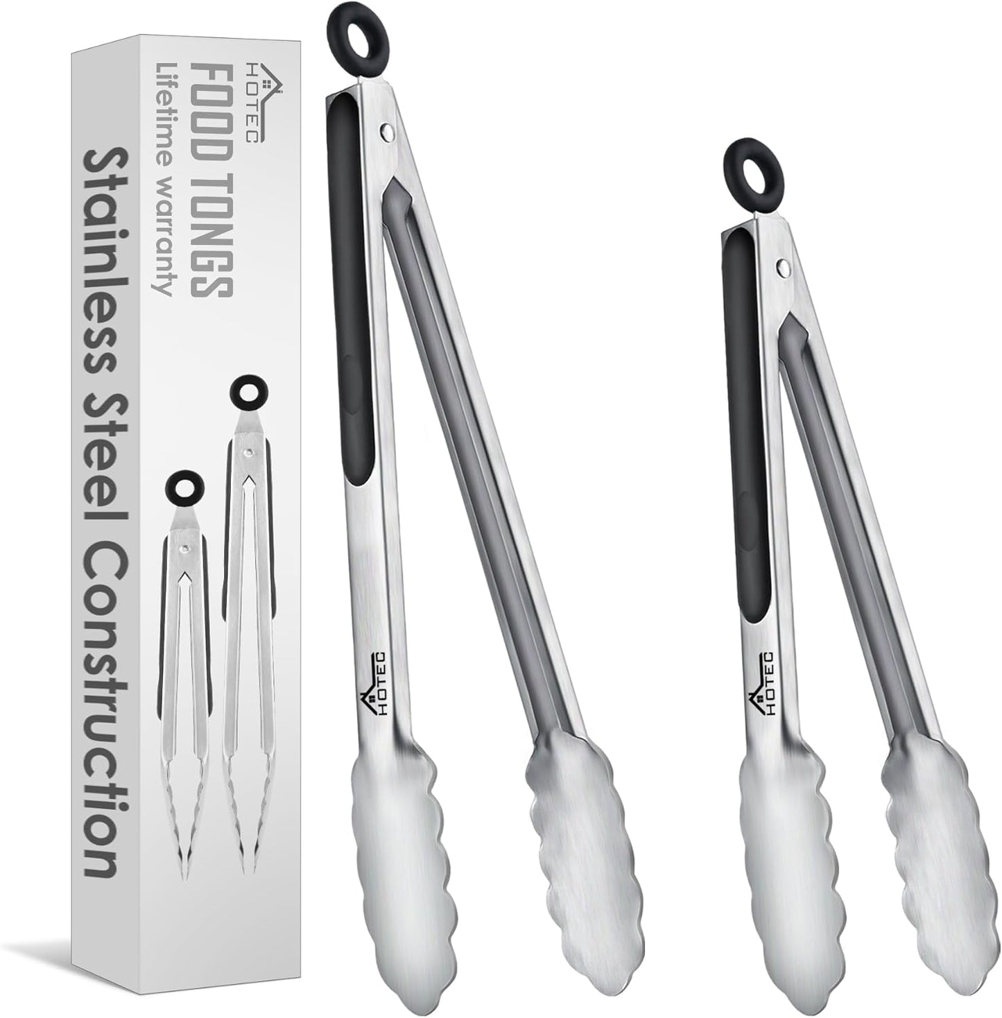 Hotec Stainless Steel Kitchen Tongs, Locking Metal Food Tongs for Cooking, Serving, BBQ, Grill & Air Fryer with Non-Slip Grip, Set of 2-9" and 12"