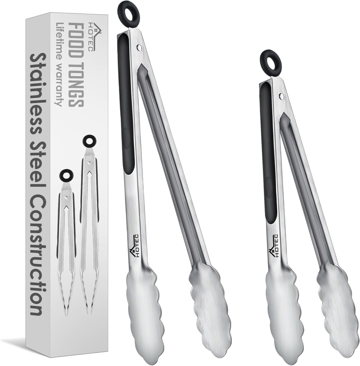 Hotec Stainless Steel Kitchen Tongs, Locking Metal Food Tongs for Cooking, Serving, BBQ, Grill & Air Fryer with Non-Slip Grip, Set of 2-9" and 12"