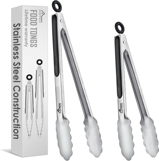 Hotec Stainless Steel Kitchen Tongs, Locking Metal Food Tongs for Cooking, Serving, BBQ, Grill & Air Fryer with Non-Slip Grip, Set of 2-9" and 12"