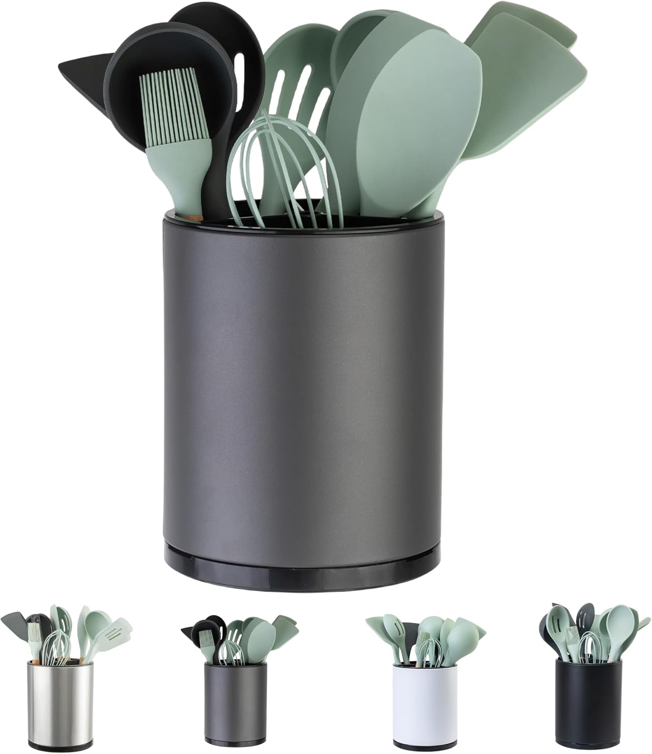 Kitchen Utensil Holder,Extra Large 360°Rotating For Countertop Organizer | Stainless Steel Storage,Hold 40 Utensils,Cooking Silverware Caddy 3 Compartment Spoon Spatula Tool Container（Silvery）
