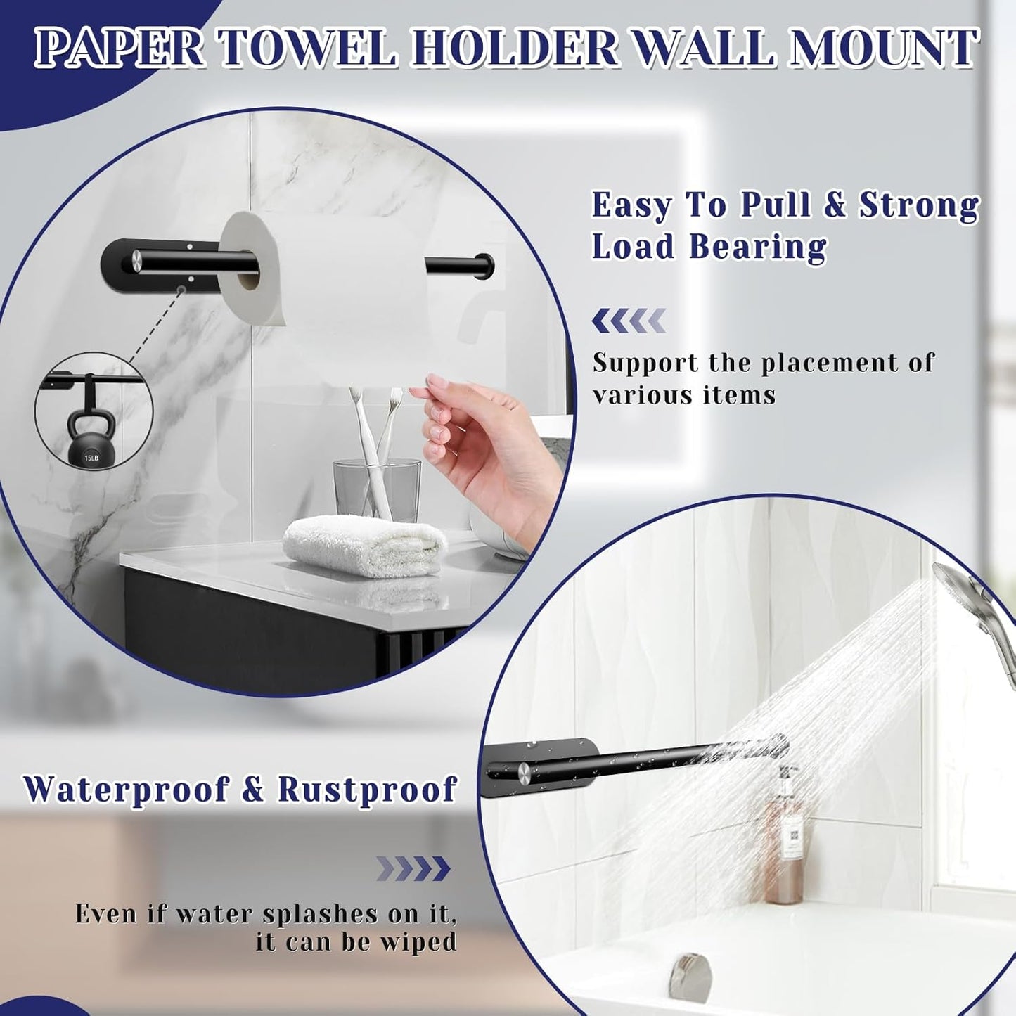 Paper Towel Holder, Self Adhesive or Drilling Paper Towel Holder Under Cabinet, Stainless Steel Black Paper Towel Holders Wall Mount for Kitchen, Bathroom, Sink, Pantry, Fridge
