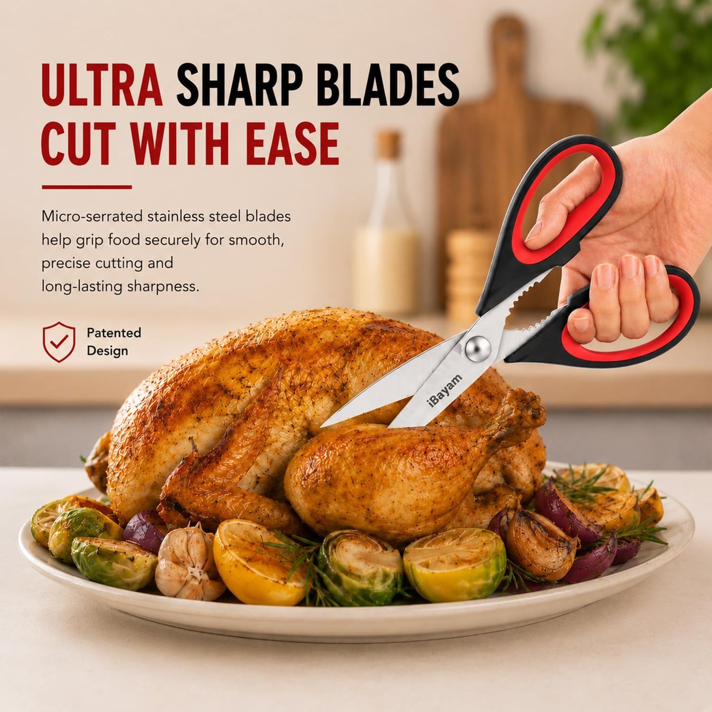 iBayam 3-Pack 8.7" Kitchen Scissors All Purpose Heavy Duty Shears w/Sheath | Soft Comfort Grip, Dishwasher Safe, Stainless Micro-Serrated Edge Blades, Cooking Poultry Herbs Meat Kitchen Utensils Gadgets