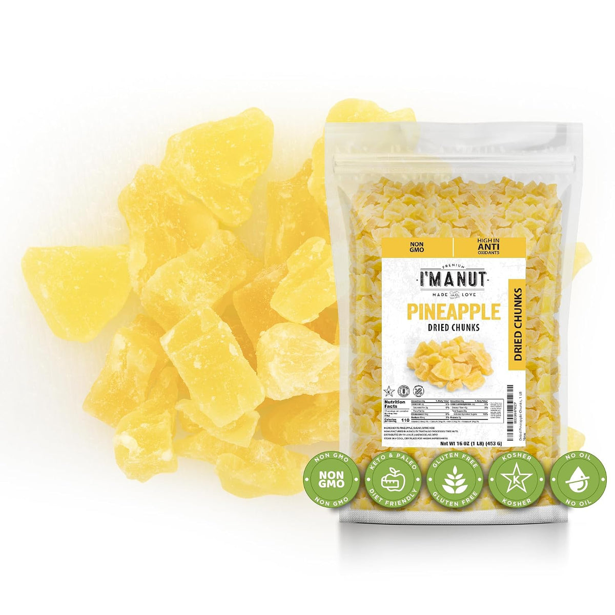Premium Dried Pineapple Chunks 16oz, Non-GMO, Gluten & Peanut Free, Ethically Sourced