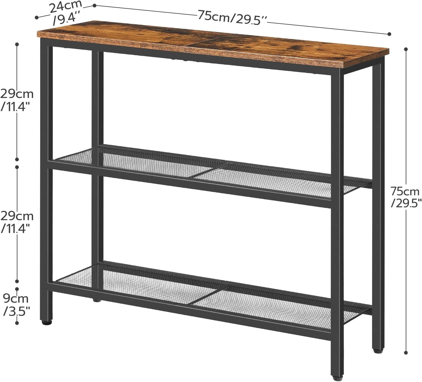 HOOBRO 29.5" Narrow Console Table, 3-Tier Entryway Table, Thin Sofa Table with Shelves, Side Table, Display Table, for Hallway, Entrance, Living Room, Bedroom, Rustic Brown and Black BF73XG01