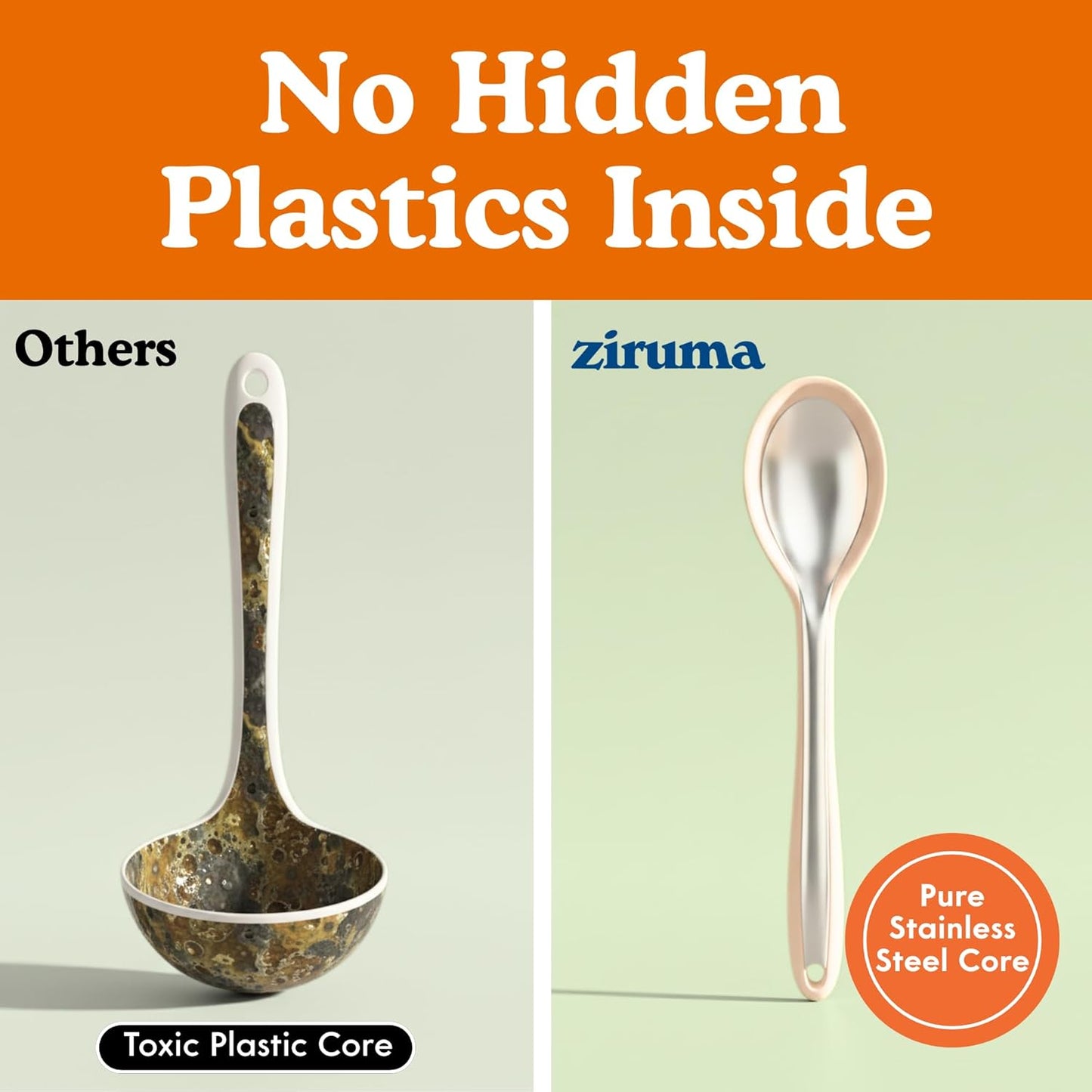 NonToxic Platinum Silicone Utensils, 100% Plastic-Free, 8-Pcs, Beige | LFGB-certified platinum silicone. Solid steel core, no hidden plastics. 500°F heat resistant. Non-scratch. Dishwasher safe