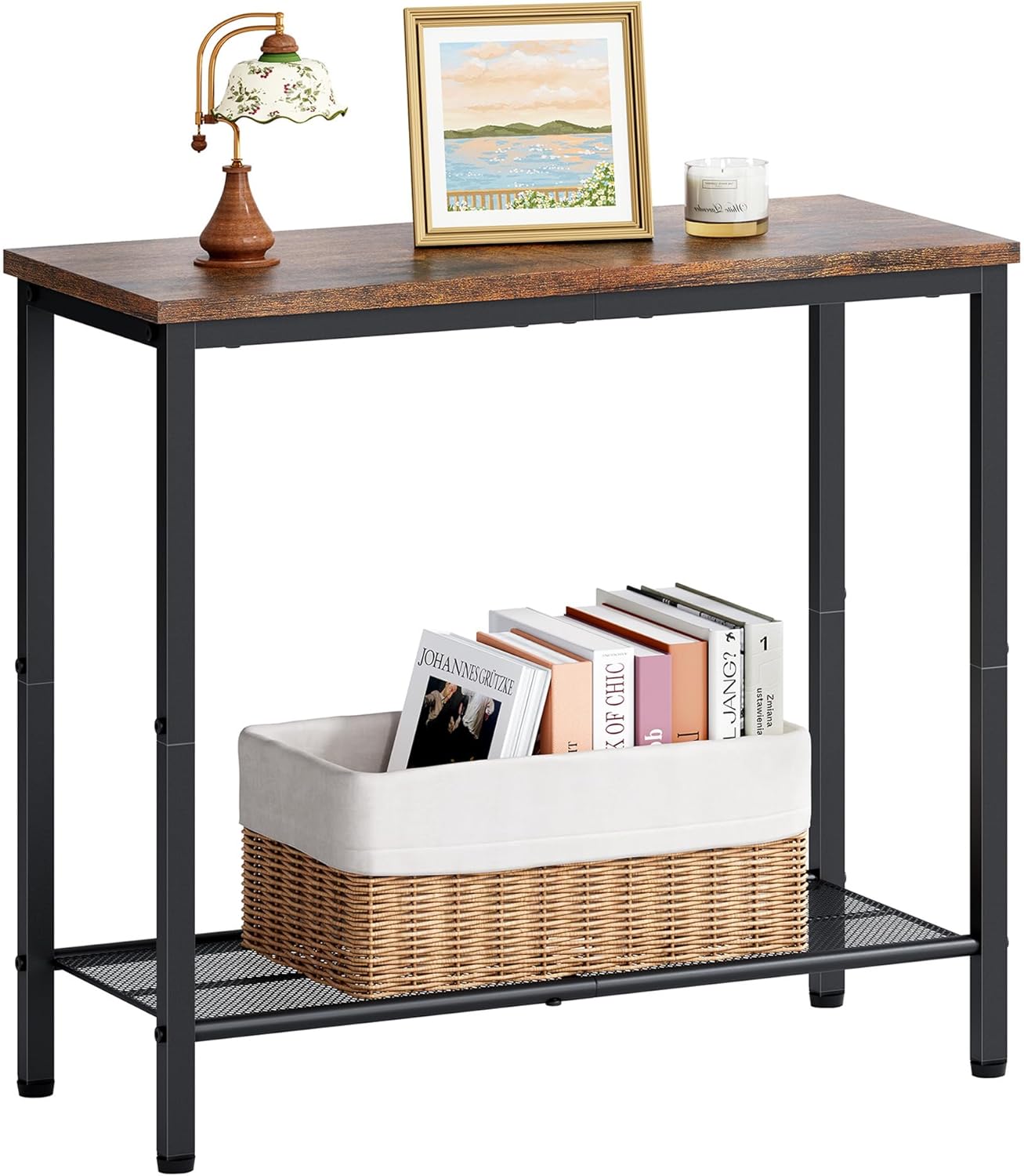 Hoctieon 2 Tier End Table, Sofa Side Table, Narrow Side Table with Storage, Slim Nightstand for Small Spaces, Metal Frame, for Living Room, Bedroom, Sofa Couch, Hall, Rustic Brown
