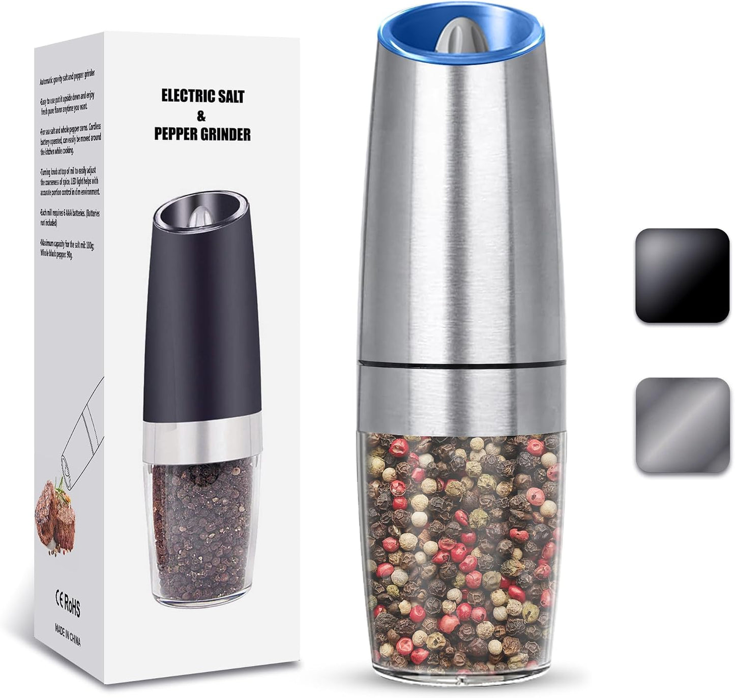 UNNEES Battery Operated Gravity Salt And Pepper Grinder Set, 2 Pcs (Black) | Automatic Salt And Pepper Grinder Set, Adjustable Roughness,12 Batteries Required, Led Light