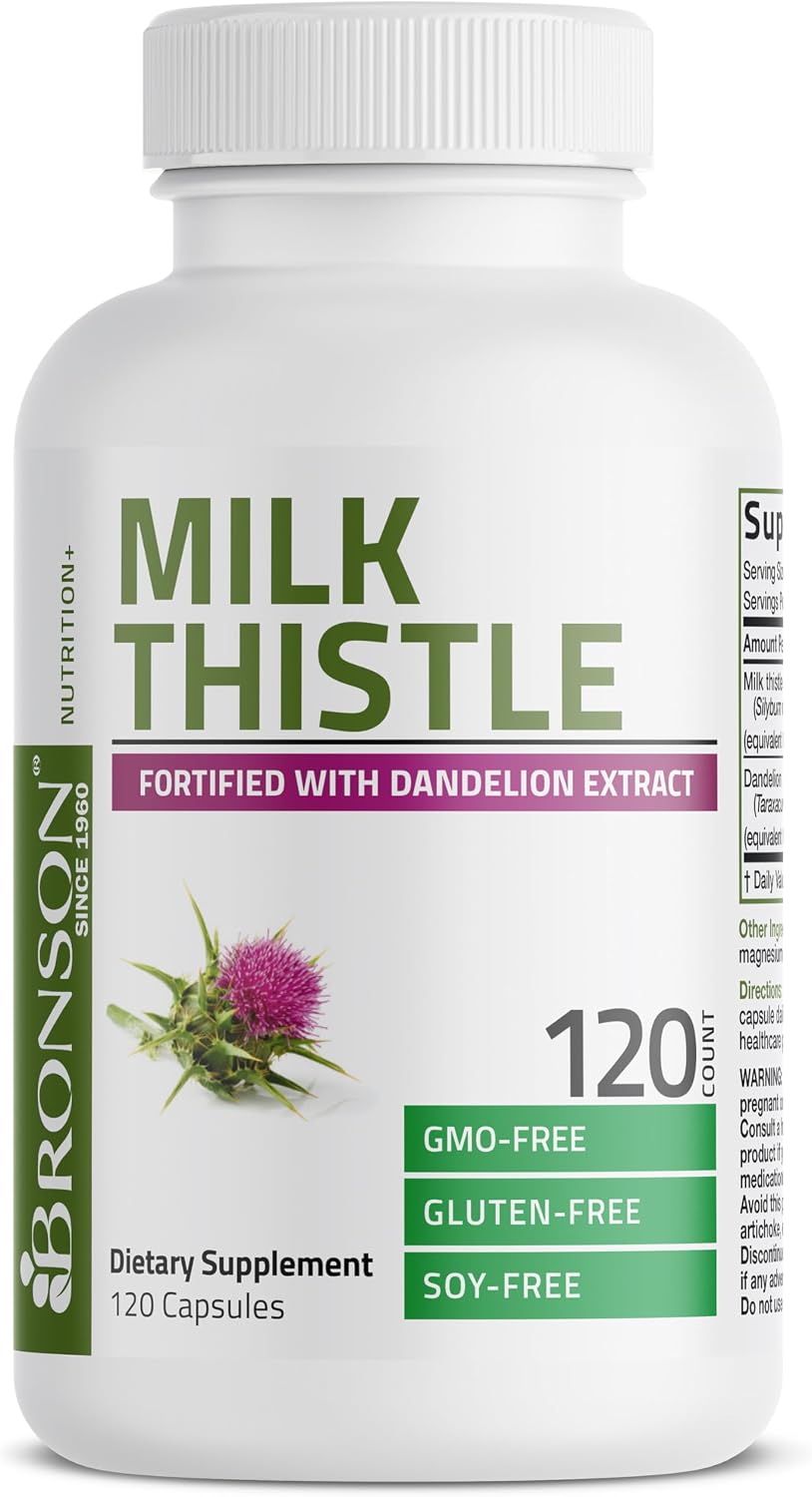 Bronson Milk Thistle Silymarin Marianum & Dandelion Extract Liver Health Support, Antioxidant Support, Detox, 120 Capsules