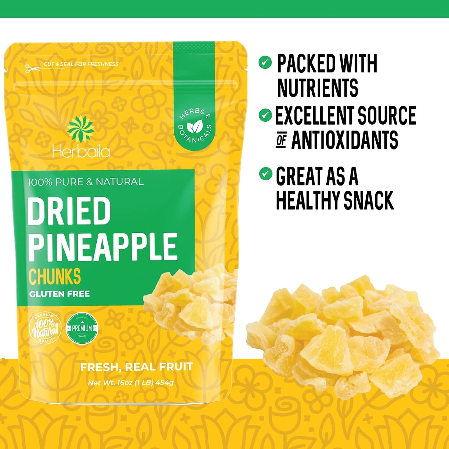 Dried Pineapple Chunks, 1 Pound, All Natural, Non-GMO, Lightly Sweetened