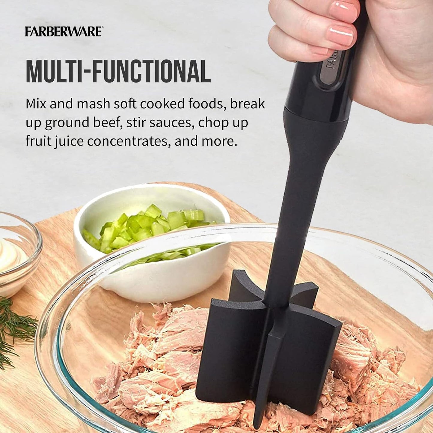 Farberware Meat Masher and Chopper Tool with 5 Beveled Blades - Ground Beef Chopper, Potato Masher, Batter Stirrer - Heat Resistant to 450 F, Dishwasher Safe