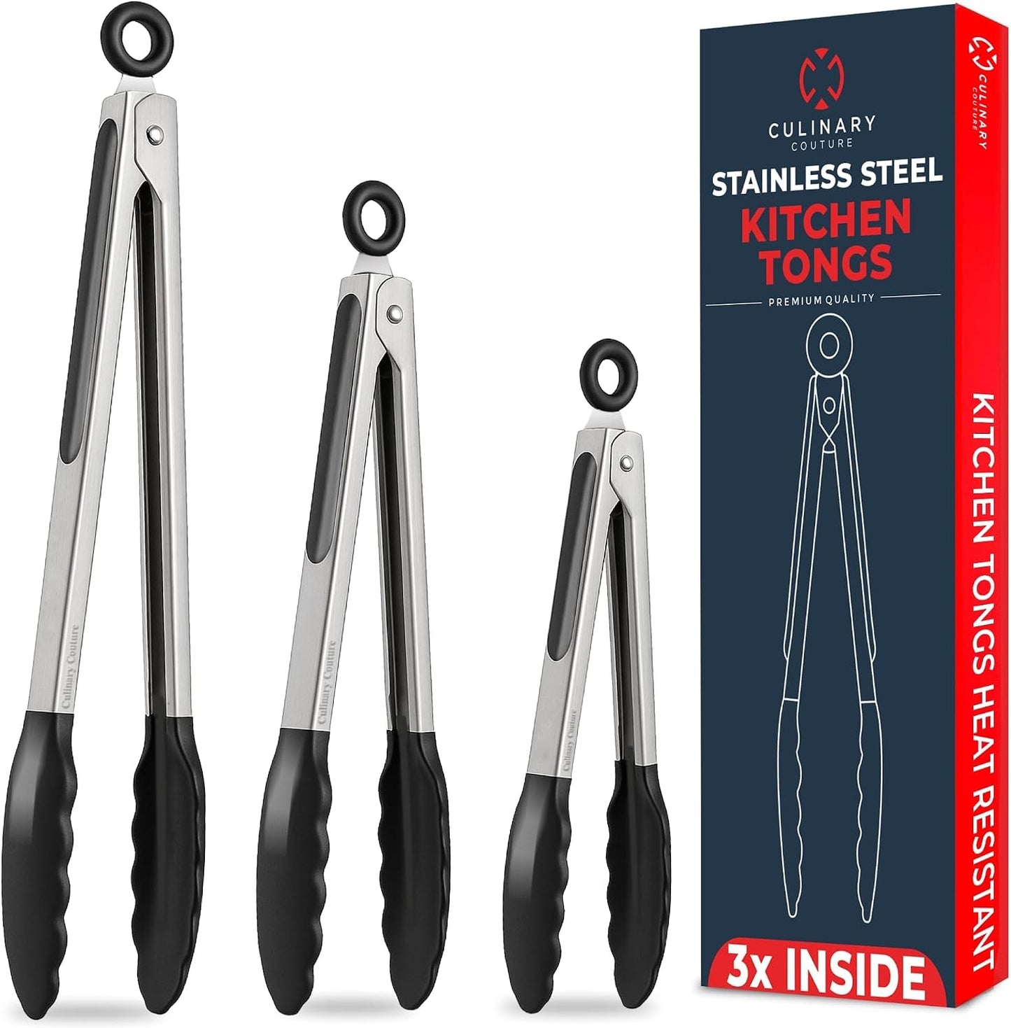 Kitchen Tongs with Silicone Tips Set of 3 Heat Resistant Tongs for Serving Food, 12-Inch, 9-Inch, 7-Inch Locking Silicone Tongs for Cooking, Salad Tong, Black Kitchen Utensils