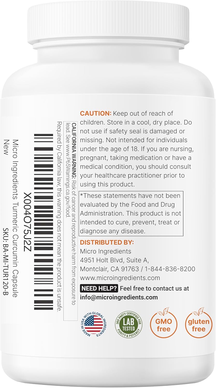 Micro Ingredients Pure Turmeric Curcumin Supplement 1,000mg – 95% Curcuminoids with Black Pepper & Ginger – High Absorption for Joint & Antioxidant Support* – Filler Free, 120 Veggie Capsules