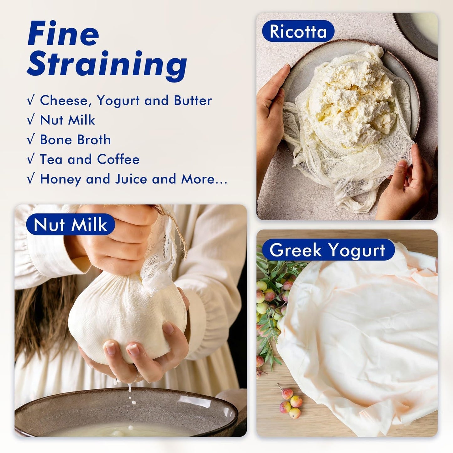 8 PCS Reusable Cheesecloth, Grade 100, 20x20 Inch Hemmed Cheese Cloth for Straining Craft, 100% Cotton Unbleached Cloth Strainer for Cooking, Baking, Juicing, Cheese Making