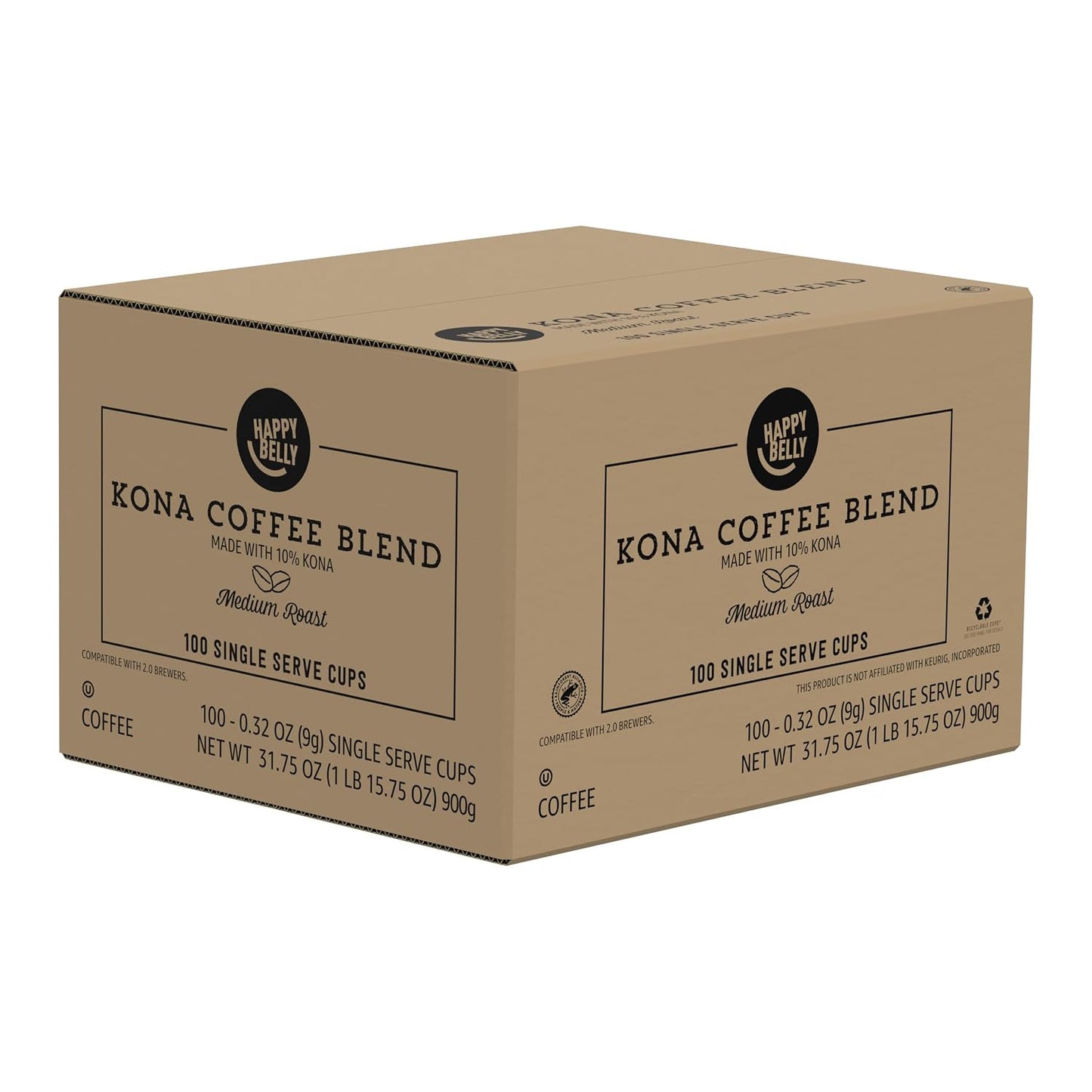 Happy Belly Medium Roast Coffee Pods, Kona Blend, 100 Count, Compatible with Keurig 2.0 K-Cup Brewers
