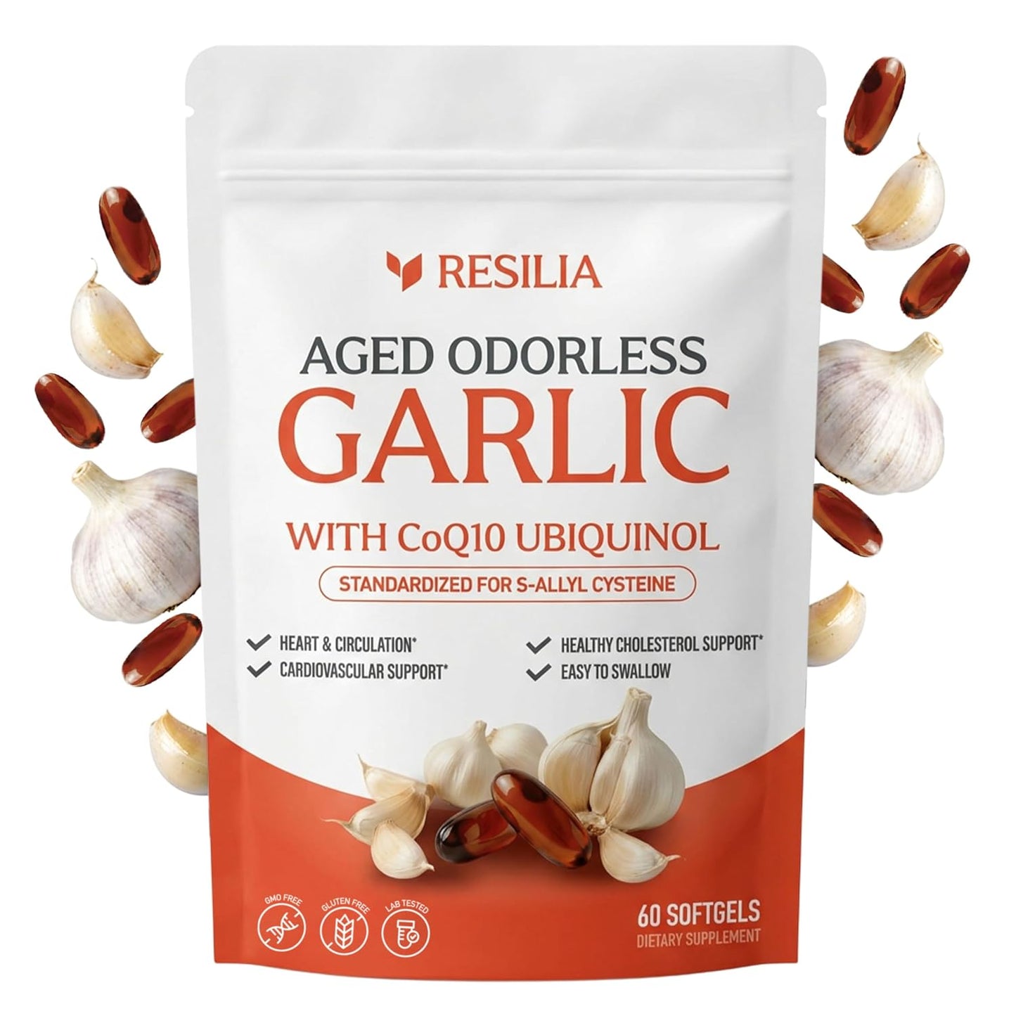 Resilia Garlic Extract 600mg Softgels (60 Count) – Odorless Aged Garlic Extract Supplement with CoQ10 Ubiquinol – 20-Month Matured, Standardized for S-Allyl Cysteine - Heart Health & Immune Support