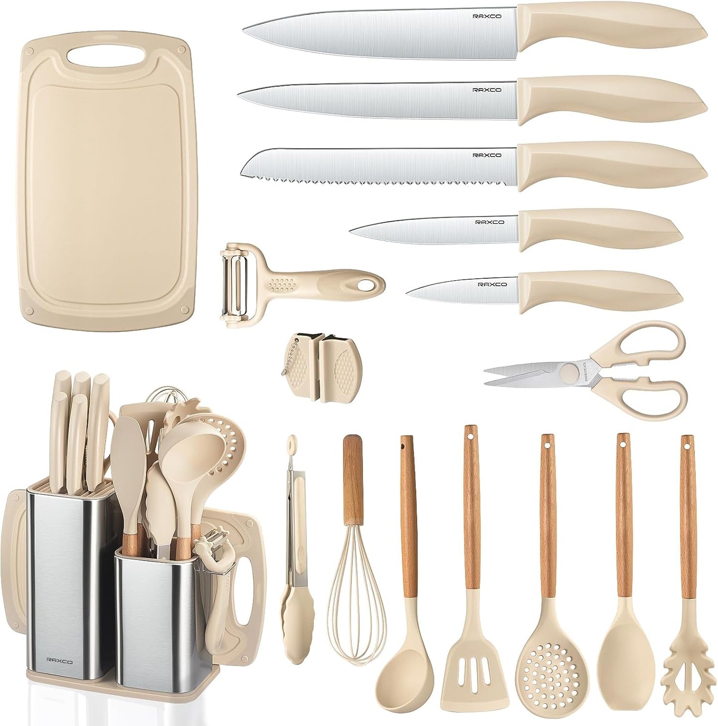 RAXCO Kitchen Utensils Set,18-Piece Cooking Utensils and Knife Set,Black | Food-grade Silicone Heat-safe to 410°F, Detachable Stainless Steel Holder, 5 Kitchen Knives and Cutting Board All-in-one