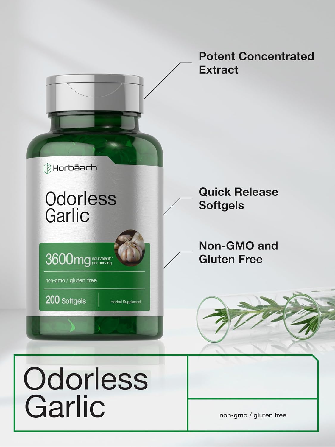 Horbäach Odorless Garlic Softgel Supplement | 200 Pills | Ultra Potent Concentrated Herbal Extract | Non-GMO & Gluten Free