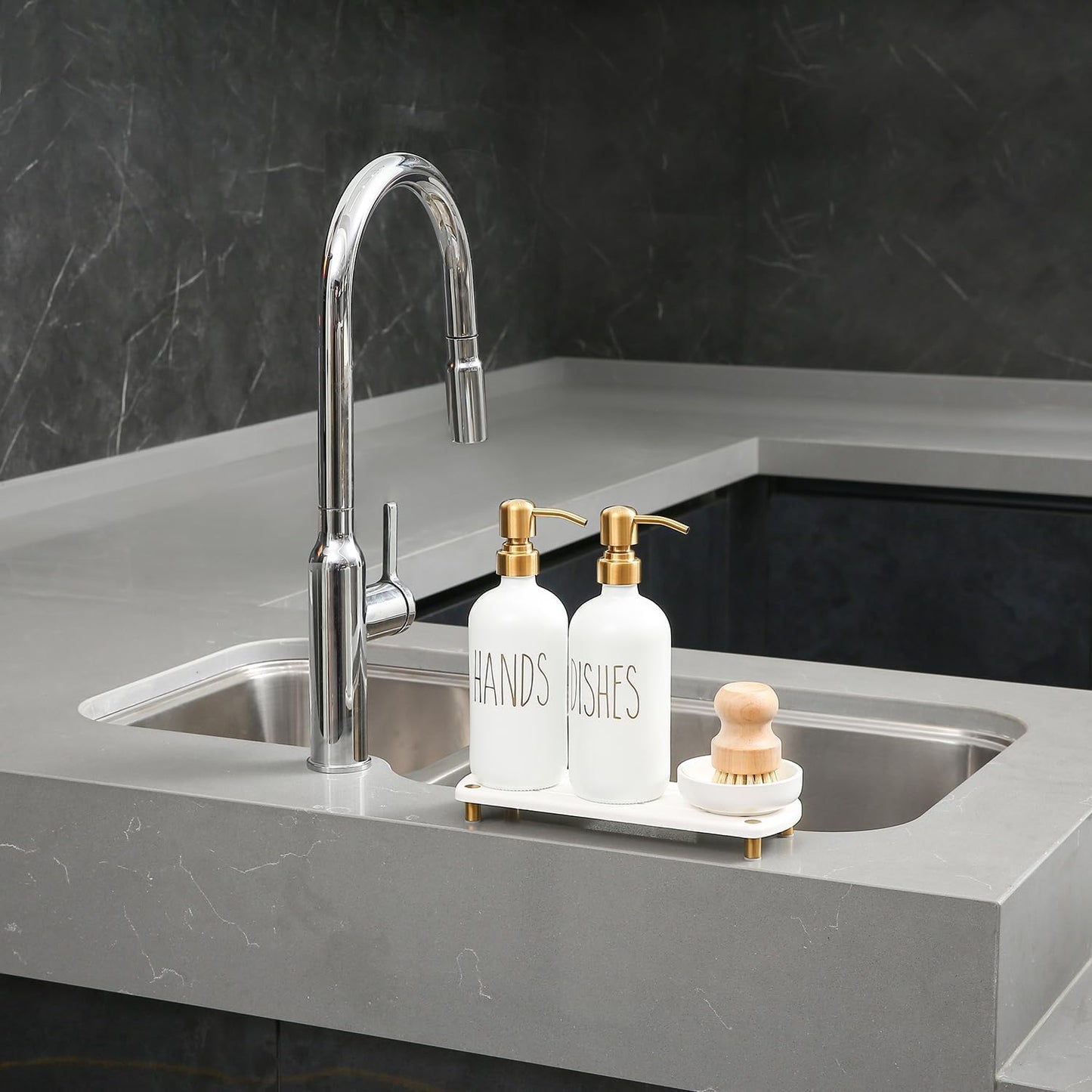 MOMEEMO Gold Soap Dispenser Set Comes with Stainless Steel Pumps | Instant Dry Tray and Dish Scrub Brush, Suitable for Kitchen Decor and Accessories